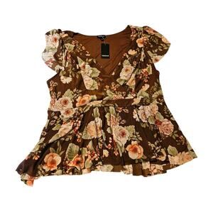 Torrid Floral Brown Flutter Sleeve Crossover Top Blouse 2 (18-20 ) NWT